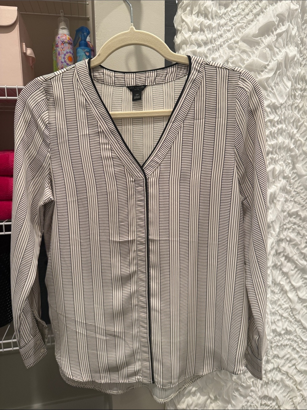 Banana republic Vertical Stripe V-Neck Blouse in White & Black